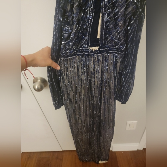 Parker Black Sequined / Embellished Cold- Shoulder Evening Dress, Blue, Size 0 - Picture 10 of 12